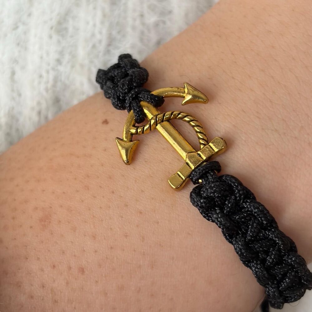 Black Braided Cord Anchor Bracelet Gold Tone Nautical Adjustable Rope - Picture 3 of 8